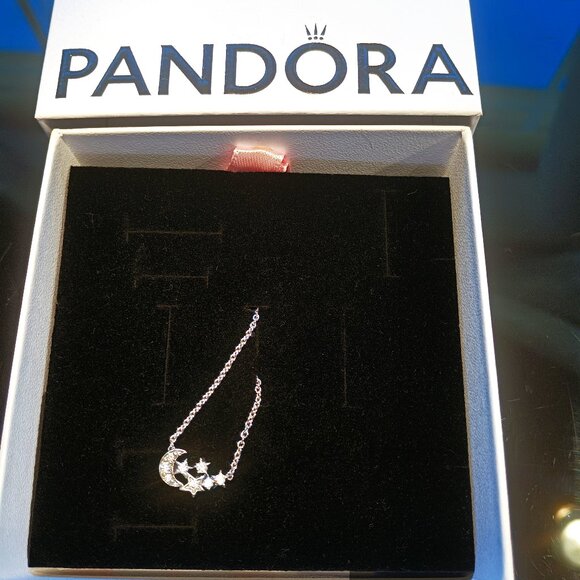 Pandora Sterling Silver Necklace and Charm Never Worn  Moon and Stars - Picture 1 of 3